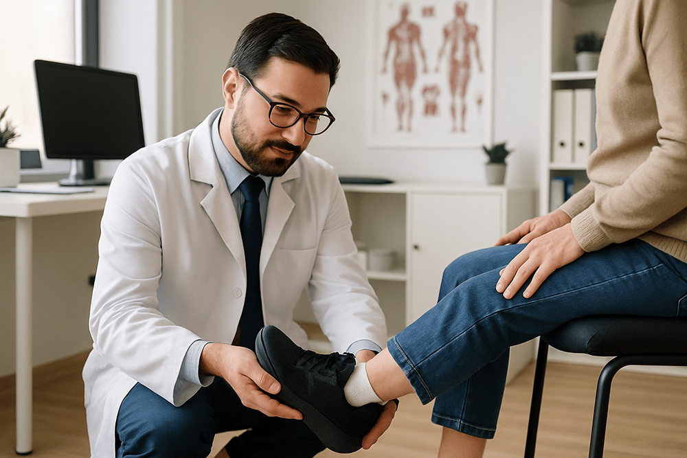 Certified Pedorthists and clinic team providing custom footwear to clients with diabetes during a shoe fitting and foot evaluation