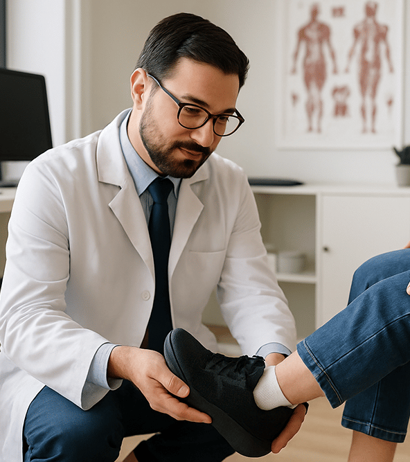 A certified pedorthists in a shoe fitting for a client that needs custom, athletic footwear for diabetes.