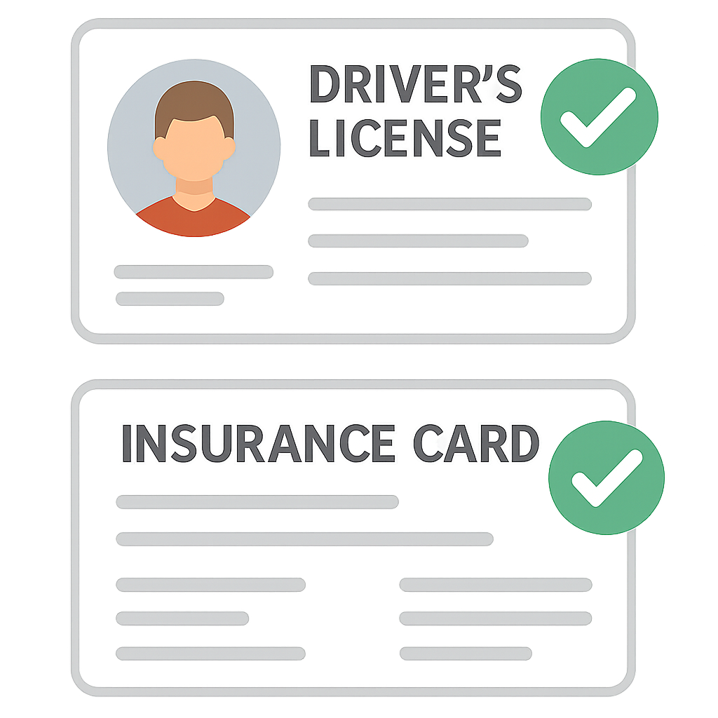 Illustrative drivers license and insurance card with check marks no background