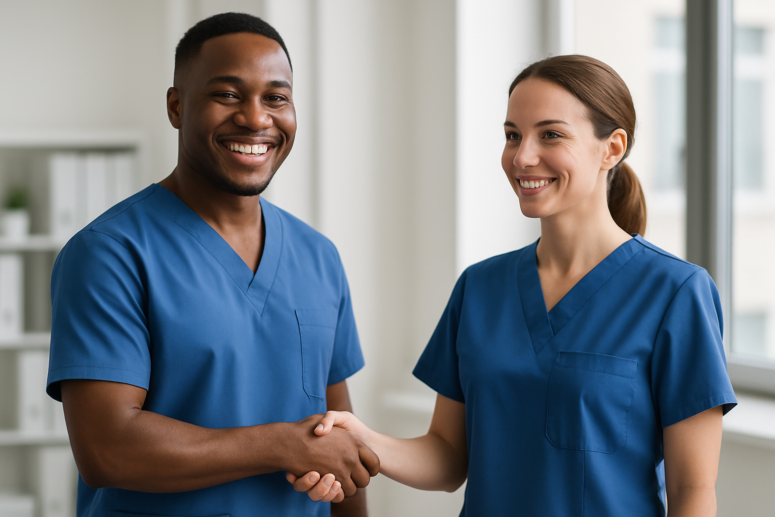 professional with scrubs partnering